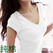 韩版纯棉短袖t恤女款夏装修身v领打底衫紧身半袖，体恤白色纯色女装