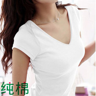 韩版纯棉短袖T恤女款夏装修身v领打底衫紧身半袖体恤白色纯色女装