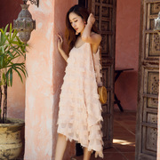夏季粉色度假长裙，飘逸雪纺流苏仙女裙，欧美风沙滩连衣裙