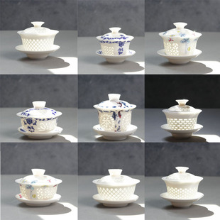 冰晶蜂巢玲珑镂空茶具盖碗茶字年年有鱼潮汕功夫茶具小盖碗青花瓷