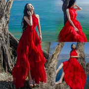 大红色雪纺连衣裙女夏不规则大摆荷叶，边度假海边沙滩，裙燕尾长裙仙