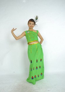 云南少数民族服装/傣族孔雀舞蹈演出服/演出舞台/成人女裙玫绿色