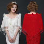 新娘春秋夏季红色披肩，大码结婚婚纱礼服，旗袍薄外套白色流苏小围巾