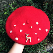 韩版潮圣诞帽子1-6岁女孩儿童帽秋冬季羊毛贝雷帽女童画家帽红色