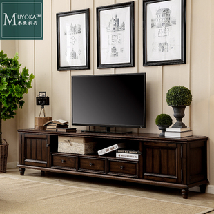 美式实木电视柜实木客厅美式家具组合地柜茶几组合黑胡桃色