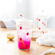 草莓带盖少女玻璃水杯夏季透明玻璃杯可爱ins风杯子饮料耐高温