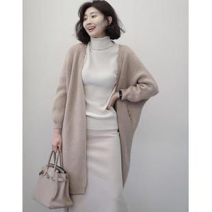 G2400韩版女装V领中长款蝙蝠袖休闲简约羊毛针织开衫女