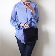 日本杂志限定款深蓝毛皮可变形甜美时尚简约手拎包 水桶包 141g