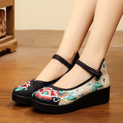 春秋季老北京民族风布鞋高跟女鞋坡跟绣花鞋布鞋厚底平底女单鞋子