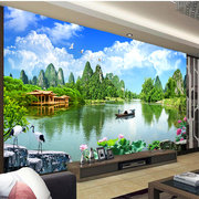 新中式风景墙纸18d电视，背景墙国画山水墙布，客厅影视装饰壁画定制