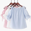 夏季韩版一字领泡泡短袖，纯色甜美露肩蝴蝶结，系带娃娃雪纺衫