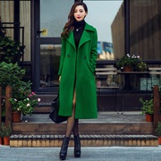 2022冬季女装欧美修身西装领绿色长款呢子大衣气质过膝羊毛呢外套