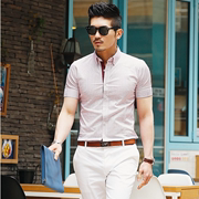 韩国独家商务男士格子短袖衬衫韩版潮男修身红色格纹衬衣
