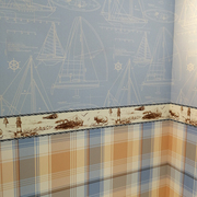 地中海风格壁布素描线条帆船搭配腰线蓝色大格子一体无缝墙布卧室