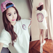 2018夏季韩版女装短袖t恤中长款连衣裙，宽松可爱猫咪印花衫