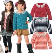 日本N系列女童春秋纯棉针织圆点/条纹甜美可爱蕾丝娃娃领长袖T恤