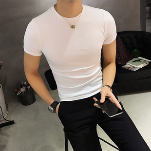 短袖t恤男贴身纯色体恤，潮流纯白半袖弹力，韩版修身紧身衣短款纯棉