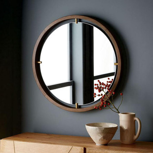 日式实木圆镜 原木壁挂镜 浴室铜镜 挂墙镜 玄光装饰镜 欧式圆镜