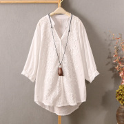 短款白衬衫女中袖韩版夏季百搭立领，纯棉套头刺绣衬衣文艺小衫