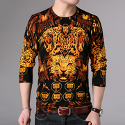 非主流时尚潮流男士花式毛线衣(毛线衣，)薄创意个性，豹子头纹图案针织t恤衫