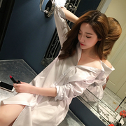 韩版中长款白衬衫女bf风长袖，衬衣性感睡衣，宽松上衣雪纺打底衬衫裙