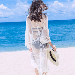 海岛蜜月度假比基尼泳衣沙滩外罩衫，王美丽(王，美丽)同款外搭长款白色外套